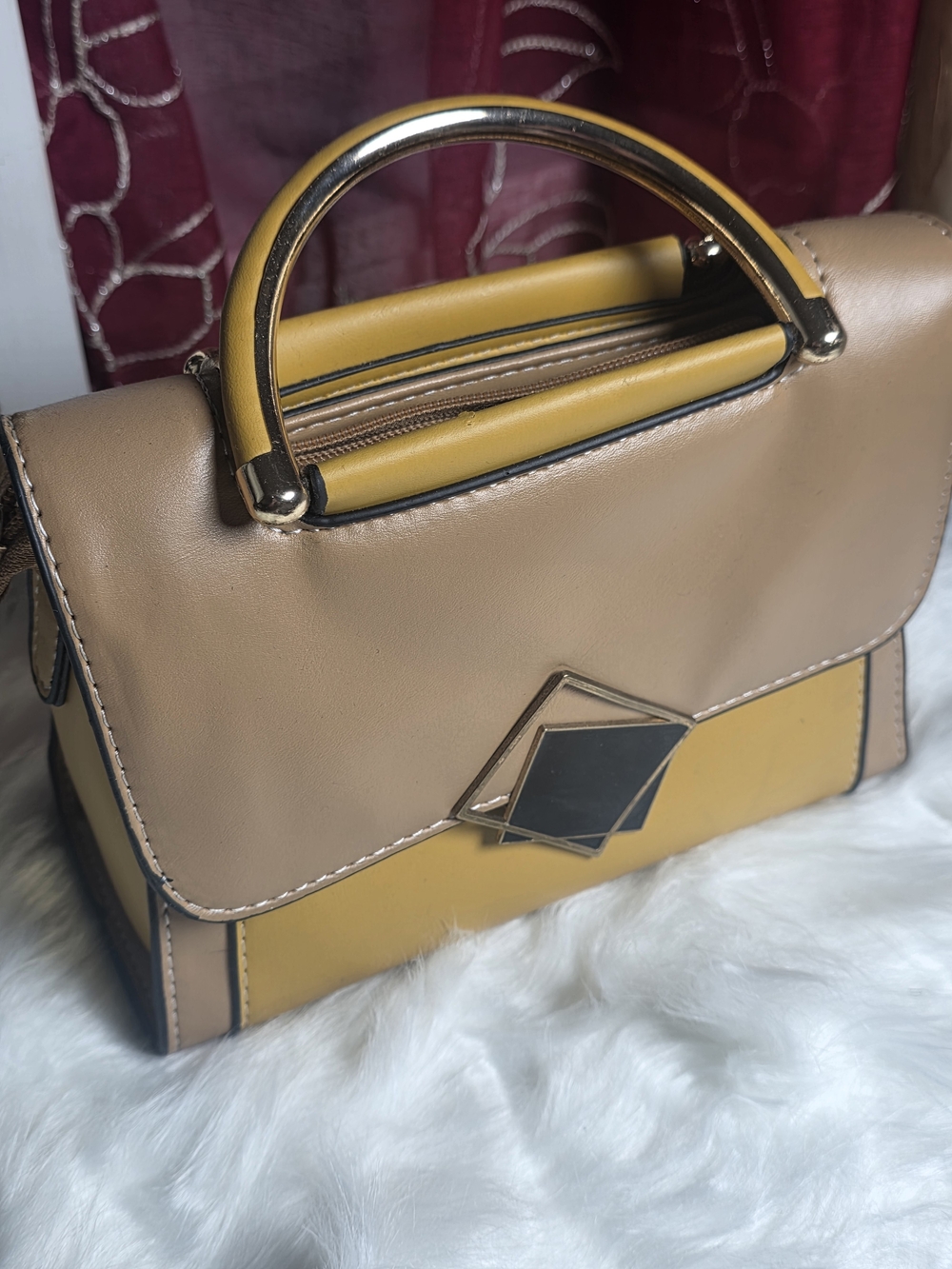 Two-Tone Tan and Mustard Top-Handle Satchel